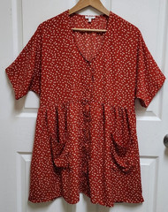 Jodifl Red Polka Dot Button Front V Neck Dress Women M Short Slv Pockets Relaxed