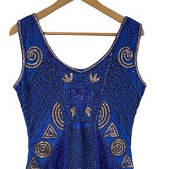 Royal Blue Beaded Sequin Fringe Mini Dress S Unique Vintage Ornate Gatsby