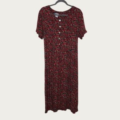 Vintage Maxi Dress Women 16P Red Black Floral Button Front Peasant 90s Grunge