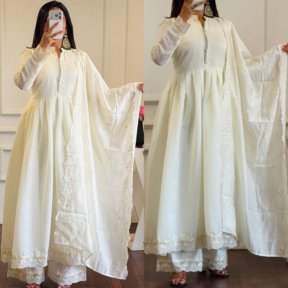 Designer Roman Silk Embroidered Gown Set Dupatta Party Wedding Anarkali Dress