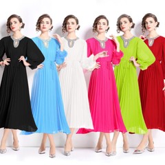 Chiffon Sequins Applique Loops Long Sleeve Women Casual Party Midi Pleated Dress