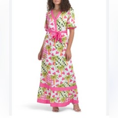 Celina Moon NWT Tiered Short Puff Sleeve Palm Print Maxi Dress size large