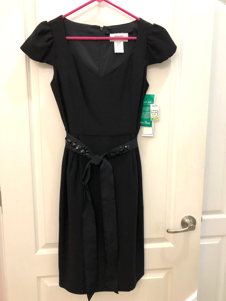 Willow Glenn New York Black Beaded Lined Belted Cocktail Dress 8 NEW