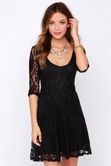 Material Girl Mini Dress Black Lace Fit Flare With 3/4 Sleeves Women Size Medui