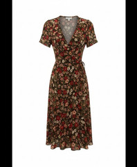 BY Design Women&rsquo;s M Black Multicolor Floral V-Neck Wrap Midi Short Sleeve