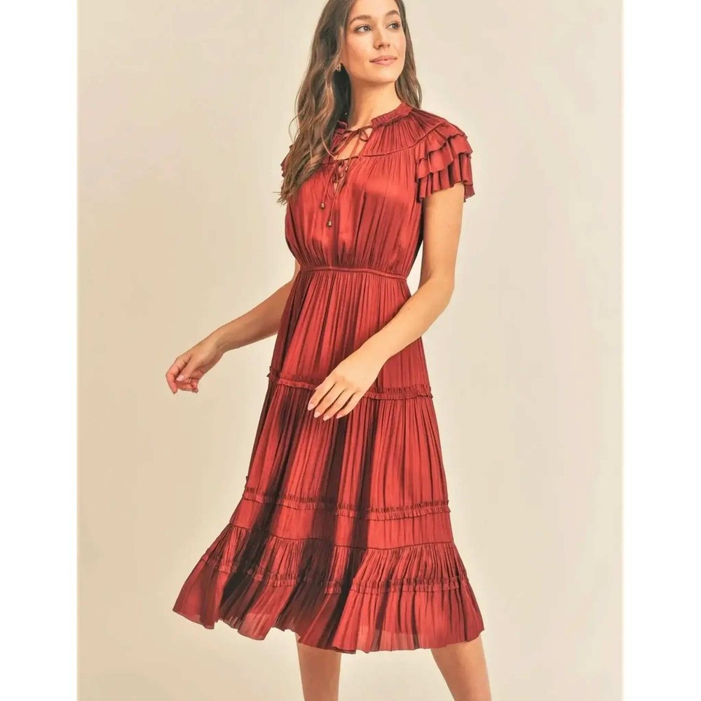 Reset by Jane Rust Orange Pleated Tiered Midi Dress Flutter Sleeve JD729 Medium