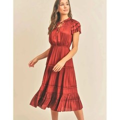 Reset by Jane Rust Orange Pleated Tiered Midi Dress Flutter Sleeve JD729 Medium