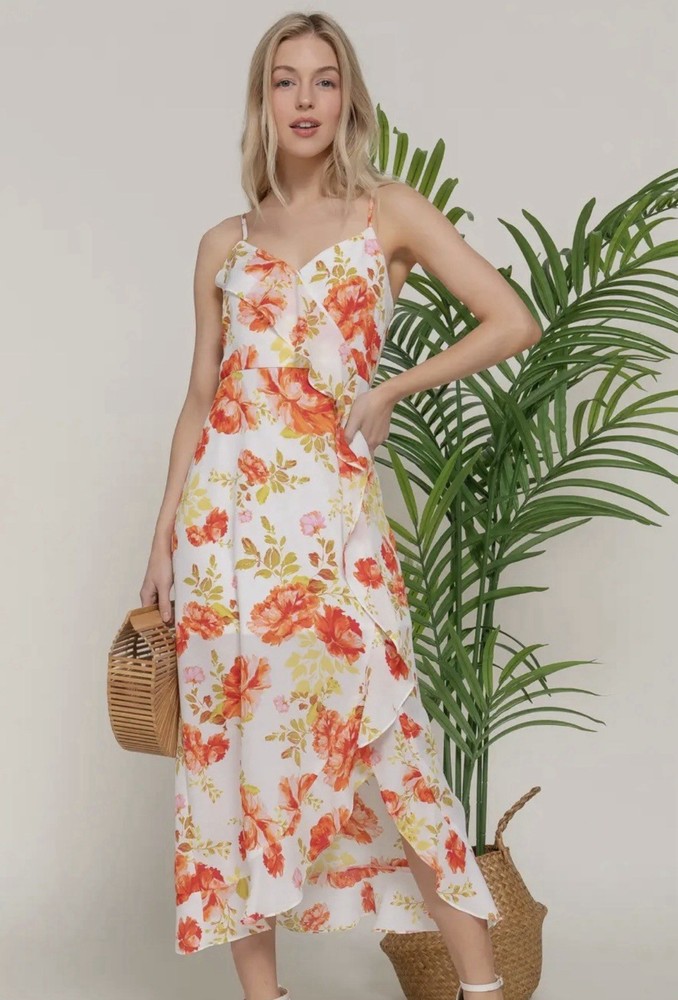 Active USA Orange Corral Floral Ruffle Spaghetti Wrap Summer Midi Length Dress