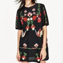 ZARA WOMAN Short Sleeve Silk Blend Floral and Bird Embroidered Tiered Mini