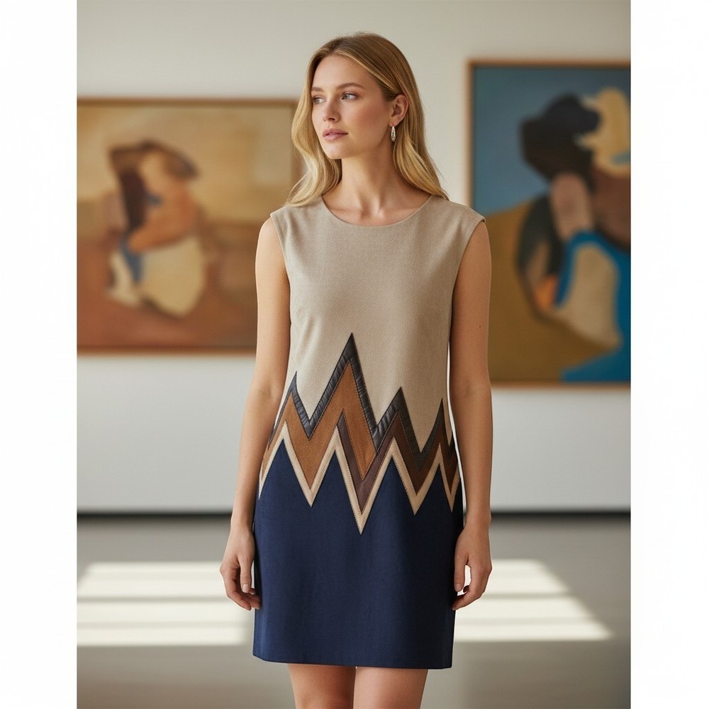 Ice Cube Women Tan Navy Brown Chevron Faux Suede Colorblock Shift Dress EU 42