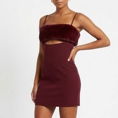 Naked Wardrobe Marron Burgundy Faux Fur Trim Cutout Mini Dress Small