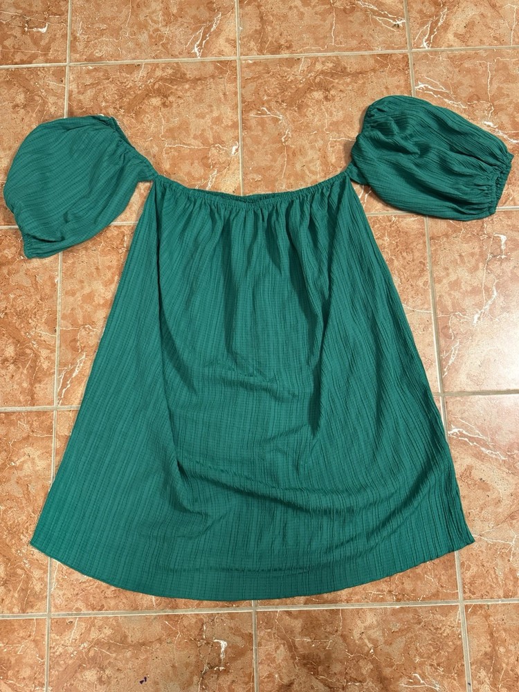 Romantic Dress Women Emerald Green Off Shoulder Mini Puff Sleeve Top Boho Y2K L
