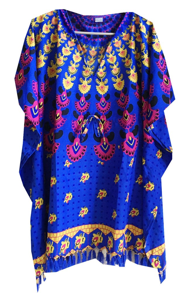 V-Neck Short Tassel Polyester Kaftan Dress African Print Blue Beach Wear L-31&Prime;