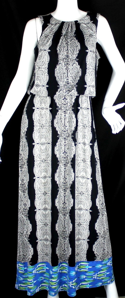 {MAGGY LONDON} Maxi Dress Sz. 6 Blue/Green/Blk/White Pattern Jersey Stretch