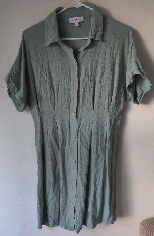 Gilli Women&rsquo;s Half Cuff Sleeve Button Down Knee Length Dress Olive Green Size M