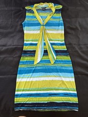 Glamour Womens Size 6 Sleeveless Midi Dress Tie Neck Blue Green Stripe Stretch