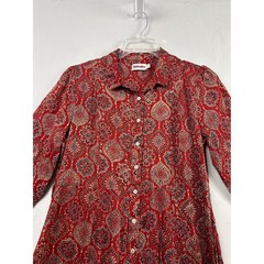 Fabindia Maxi Dress Womens Large Red Block Print Medallion Button Front Pockets