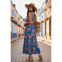 Matilda Jane Wmns Medium Floral Peony Tiered Sleeveless Maxi Dress Keyhole Back