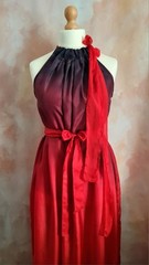 Bespoke Hand Painted Signed Silk Red/Black Tulips Summer Party Dress with Shawl