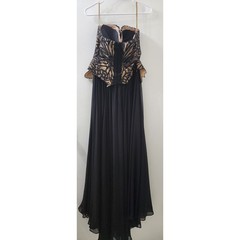 Black Sequin Peplum Strapless Evening Gown Nude Mesh Formal Maxi Dress