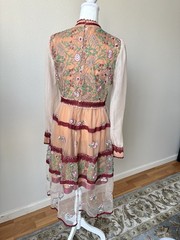 Kaimilan Red Floral Mesh Sheer Embroidered Lace Lantern Sleeve Midi S