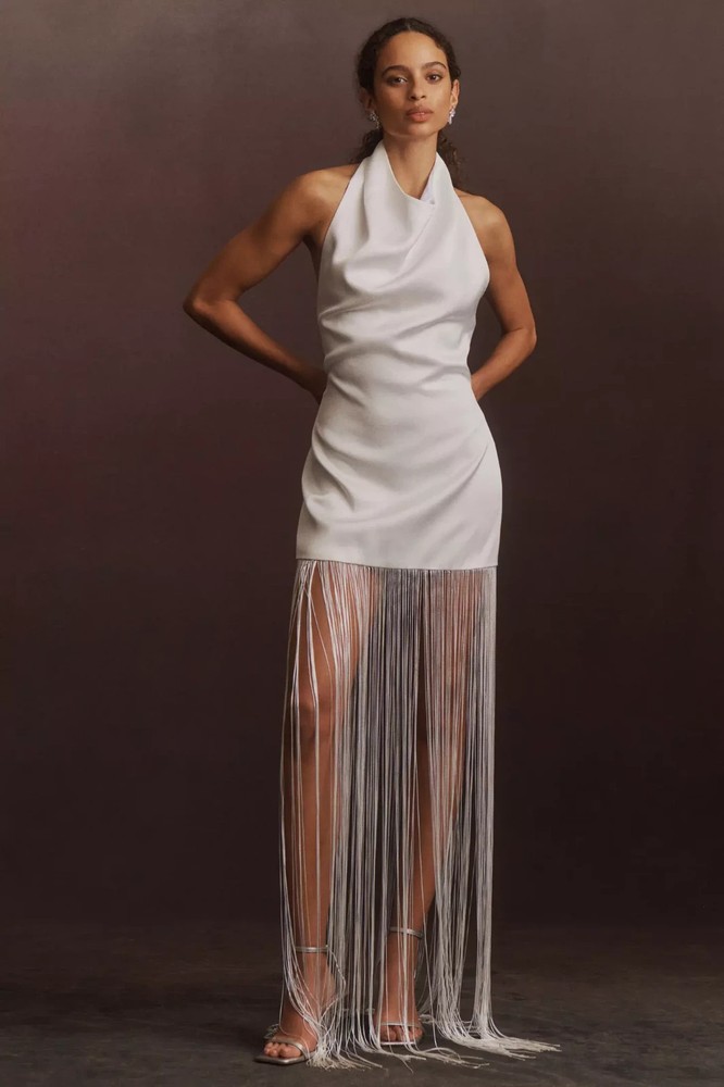ILA Anika Halter Fringe Satin Maxi Dress – US Size 2 UK Size 6 $575