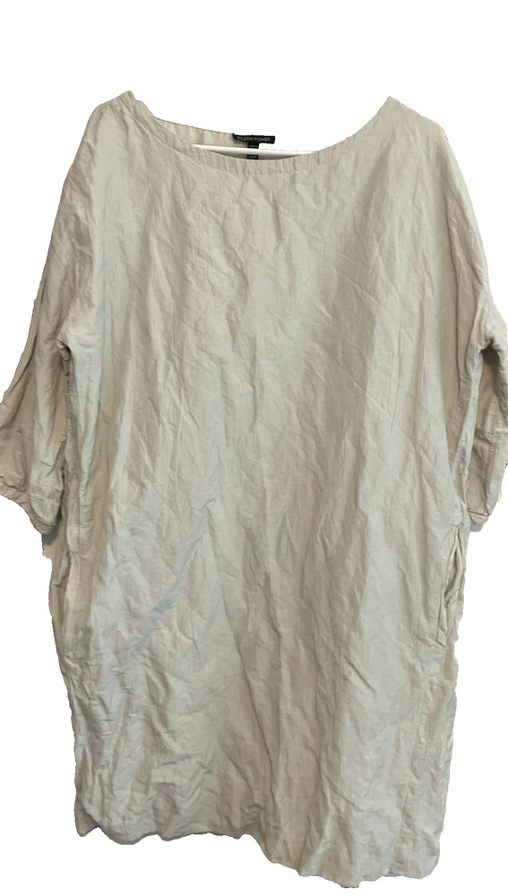 M) EILEEN FISHER Crinkle Rumple Organic Cotton Nylon Metallic BONE Sheath DRESS