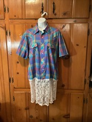 Wrangler Blue Plaid Western Shirt Dress Lace Country Core LARGE Pearl Snap Rodeo