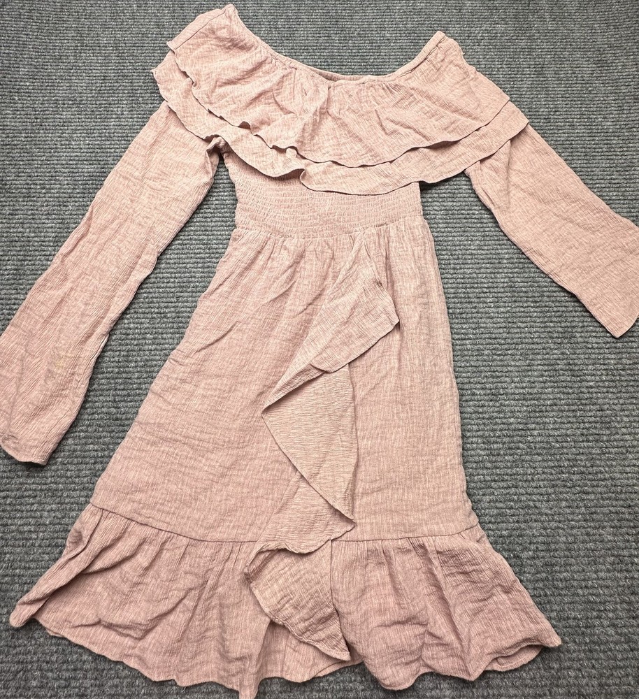 Wish Senna Dress Womens Small Pink Off Shoulder Long Sleeve Ruffle Boho Rayon