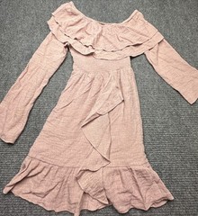 Wish Senna Dress Womens Small Pink Off Shoulder Long Sleeve Ruffle Boho Rayon
