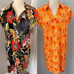 LOT OF 2~MEDIUM~C&C TROPICAL FLORAL~LINEN BLEND~ABOVE KNEE-CAP SLEEVE DRESSES~M