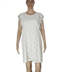 Anthropologie Eyelet Embroidered Studded Ivory Mini Flutter Dress New XS Casual