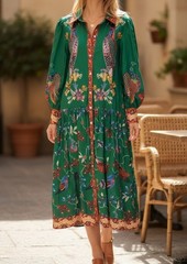 Boho Folk Art Dress Womens Size S Green Midi Floral Bird Bishop Sleeve Button