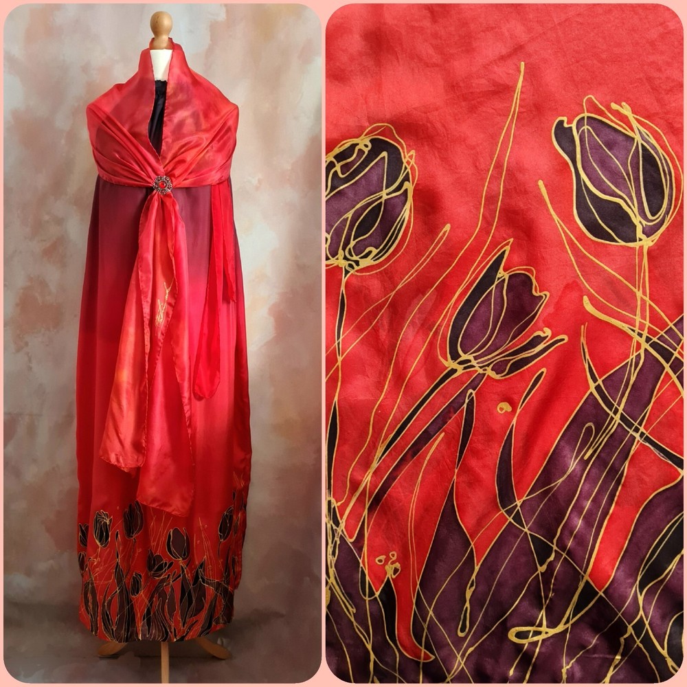 Bespoke Hand Painted Signed Silk Red/Black Tulips Summer Party Dress with Shawl