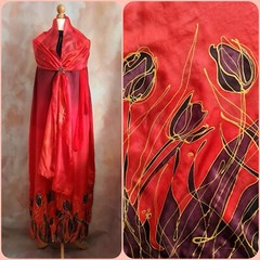 Bespoke Hand Painted Signed Silk Red/Black Tulips Summer Party Dress with Shawl