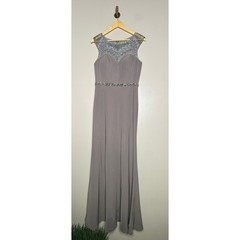 Beaded Illusion Neckline Evening Gown Taupe Grey Sleeveless Formal Maxi Dress