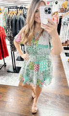 Umgee Metallic Boho Multi Print Patch Mini Dress Green Mix Large