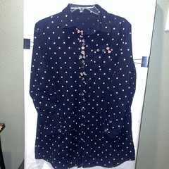 Navy White Polka Dot Shirt Dress L/S Collared Pockets Novelty Patriotic Buttons