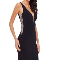 NEW Black Illusion V-neck Rhinestone Embellished Sides Sheath Dress Size 6/8