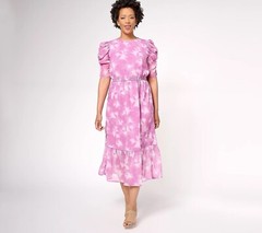 Destination 365 Petite Printed Chiffon Puff Sleeve MIDI Dress Size PS Pink NEW