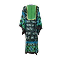 Vintage 70s Floral Hostess Kaftan Dress Green Blue Boho Lounge Maxi Festival