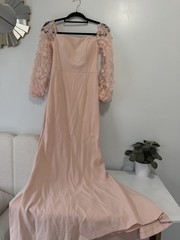 Women’s Blush Pink Mermaid Maxi Dress Floral Mesh Sleeves Formal Evening Gown