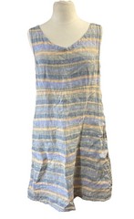Toad Co Linette Linen Dress Sz M Blue Yellow Pockets Granola Coastal Lagenlook