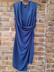 Husk 100% Silk Dress Australia Sheath Dress Wrap Front Navy Blue Size1 Uk 8