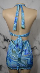 EMVIE&rsquo;S FASHIONS Blue Gold White Yellow Swirl Bikini Mini Dress Small Back Ties