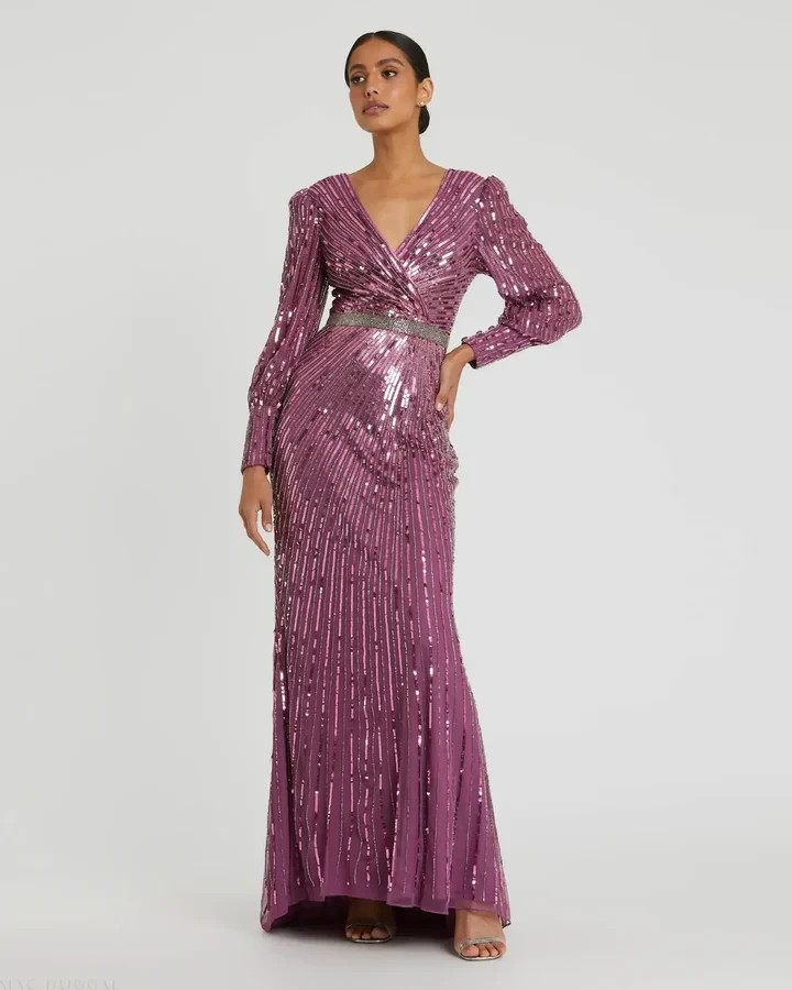 Mac Duggal Raspberry Purple Sequin Beaded Long Sleeve Sheath Gown Size 14 $598