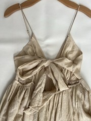 Mable Beige Gauzy Maxi Dress M Open Tie Back Tiered Ruffle Hem Boho Chic Resort
