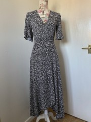 Nobody’s Child Women’s Black White Floral Midi Dress UK 8 EU 36 Wrap-Style
