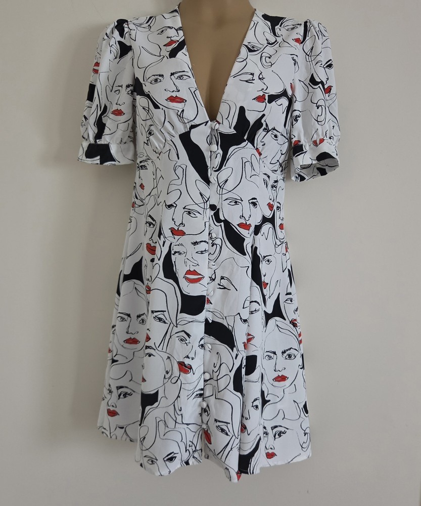 White Button Front Mini Dress Black Red abstract face print Size XS