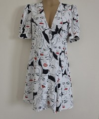 White Button Front Mini Dress Black Red abstract face print Size XS